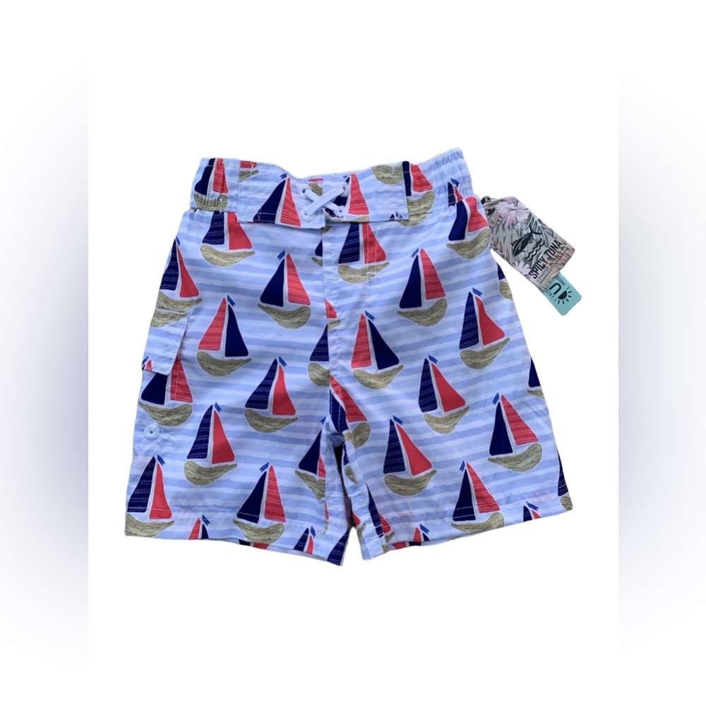 Spicy Tuna NWT Size 2T Blue Sailboat Print UPF 50 Swim Trunks
